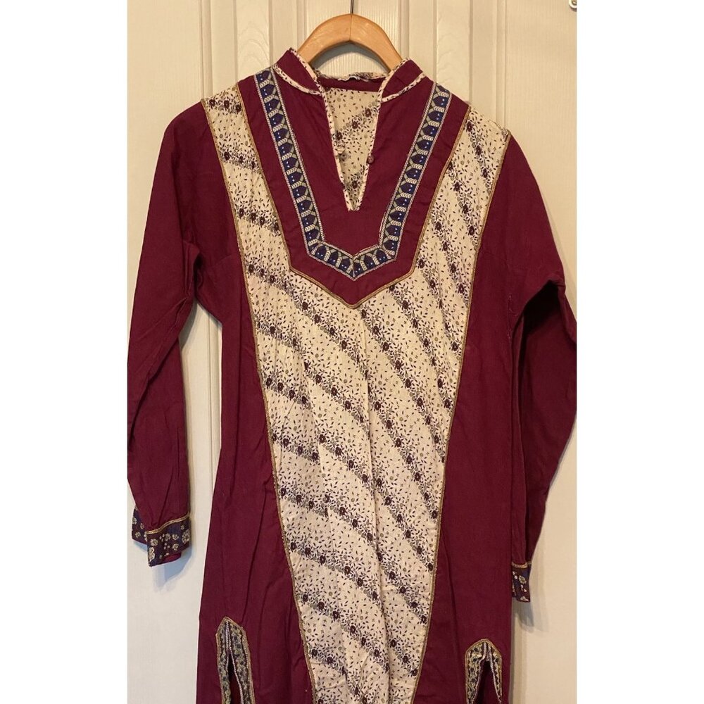 Women's M Maroon Long Sleeve Cotton Pakistani Indian Style Dress Punjabi Party - Picture 3 of 13